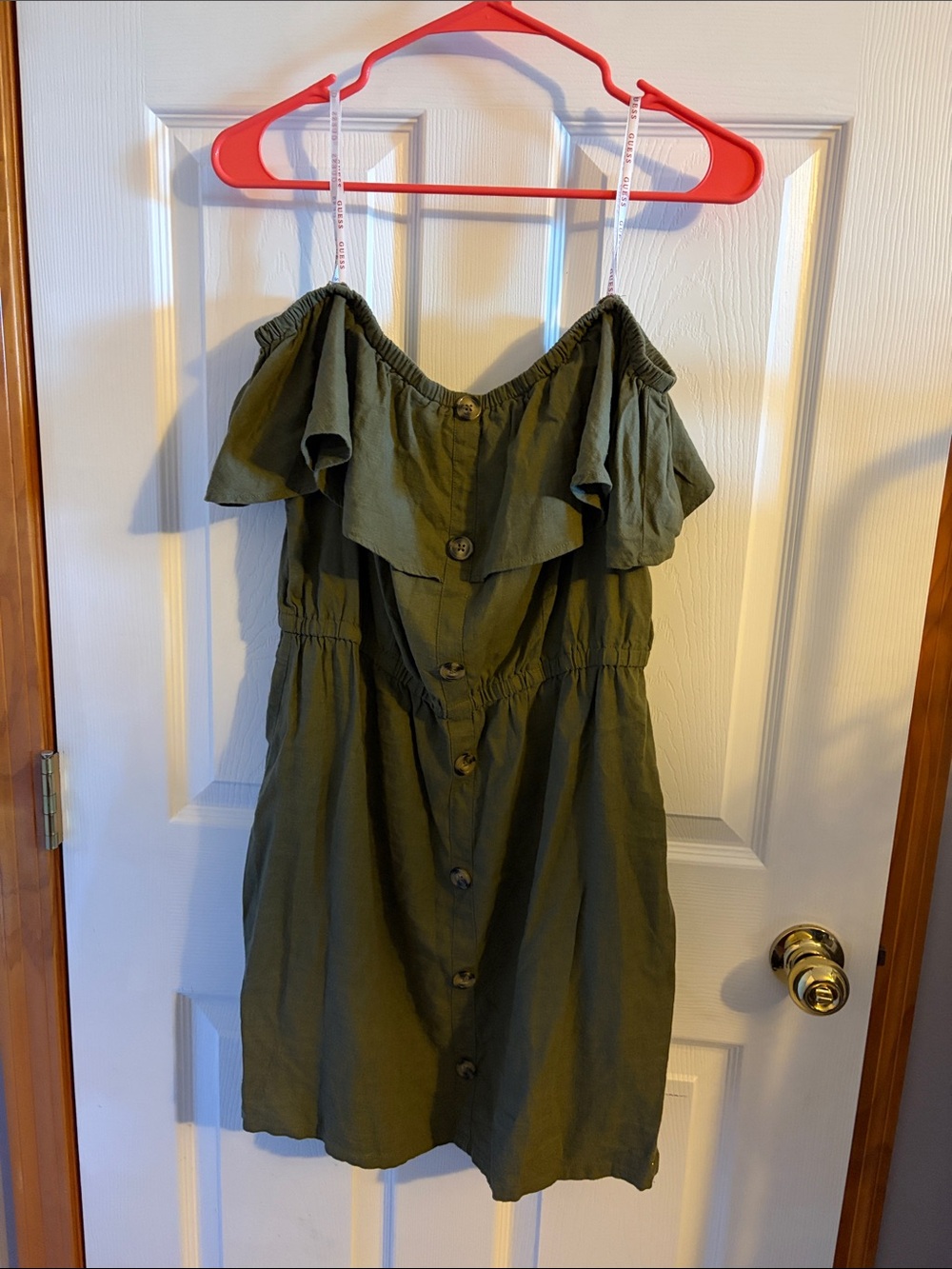 Guess Olive Green Off-Shoulder Faux Button Dress
